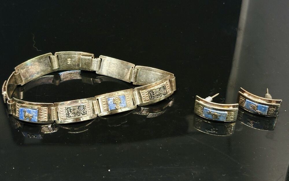 Vintage Peru Sterling Silver 925 Lapis Lazuli Llama & Inca Bracelet Earrings Set